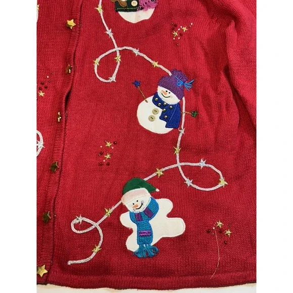 AMBRA HO HO HO SNOWMAN CARDIGAN 2XL CHRISTMAS SWEATER PARTY RED VINTAGE FUR - Picture 4 of 16